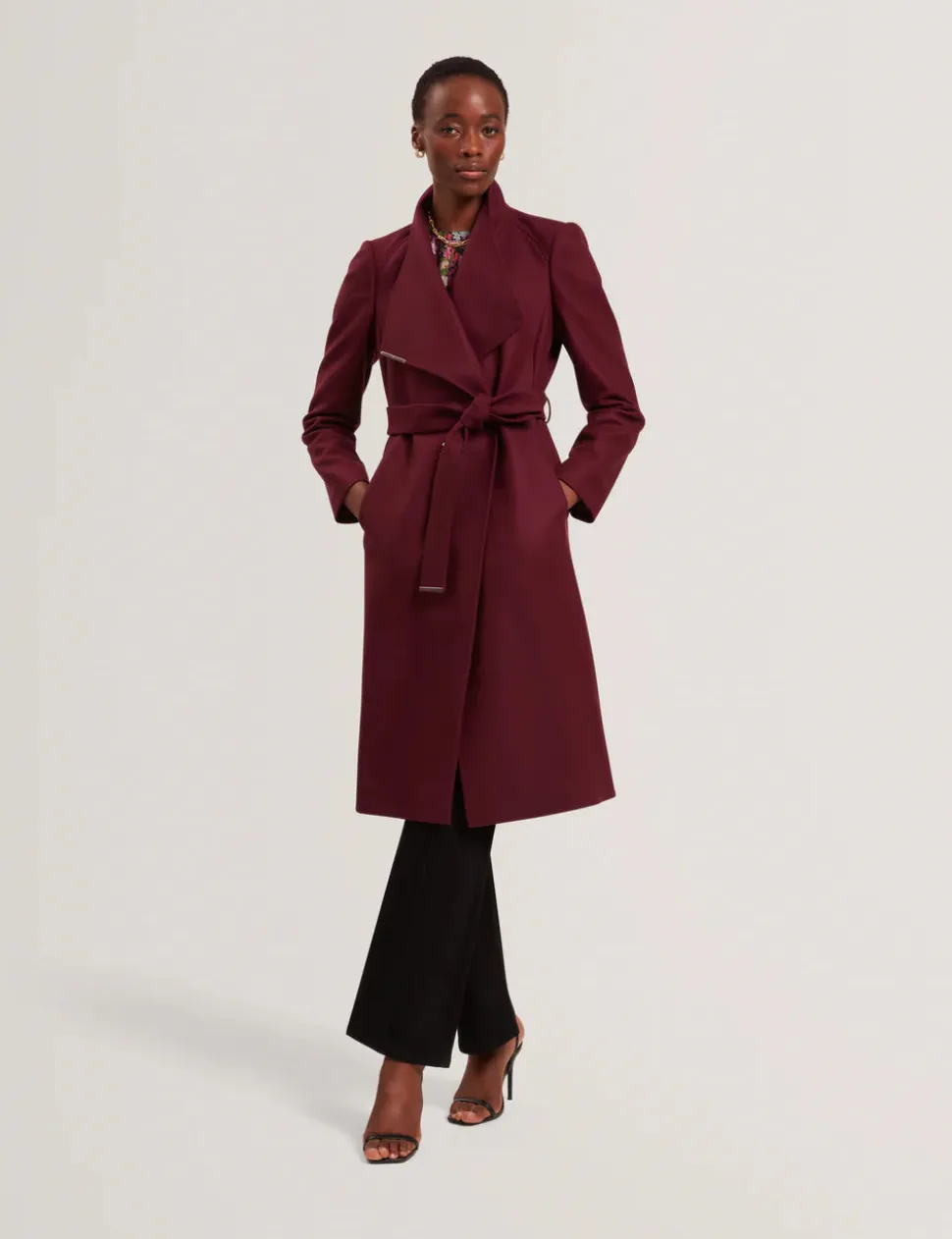 Ted Baker Rose Mid Length Belted Wool Wrap Coat, Viininpunainen