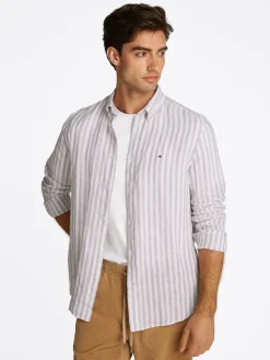 Tommy Hilfiger miesten kauluspaita, LINEN ESSENTIAL STRIPE RFSHIRT Raidallinen Ruskea