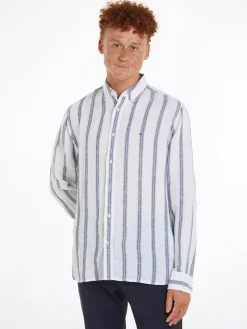 Tommy Hilfiger Miesten Kauluspaita, LINEN TRIPLE STRIPE SHIRT Raidallinen Sininen