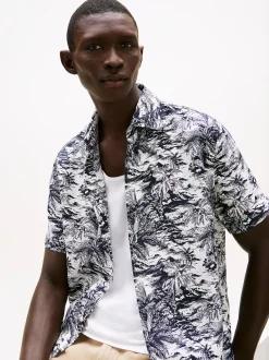 Tommy Hilfiger miesten lyhythihainen kauluspaita, LINEN VACATION PRT Sininen Kuosi