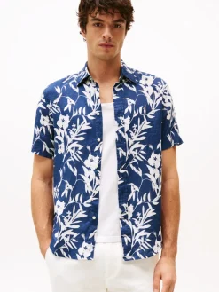 Tommy Hilfiger miesten pellavapaita, LINEN TROPICAL PRT SS RF SHIRT Sininen Kuosi