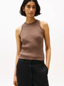 Tommy Hilfiger naisten hihaton neule, CO CABLE FINE SLIM SWEATER Tummanruskea