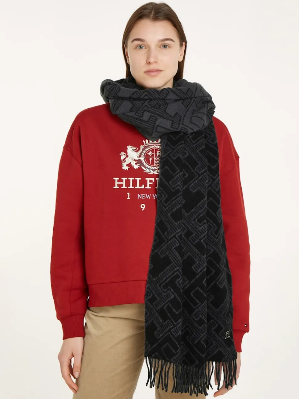 Tommy Hilfiger Naisten Huivi, TH MONOGRAM WOOL SCARF Musta Kuosi