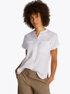 Tommy Hilfiger naisten lyhythihainen pellavapusero, ESS LINEN COLLARLESS SS BLOUSE Valkoinen