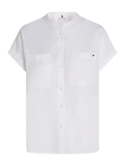 Tommy Hilfiger naisten lyhythihainen pellavapusero, ESS LINEN COLLARLESS SS BLOUSE Valkoinen