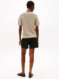 Tommy Hilfiger naisten lyhythihainen neulepusero, POINTELLE CROCHET SS C NECK SWEAT Vaalea Beige