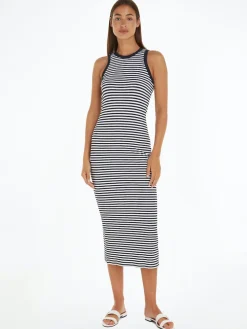 Tommy Hilfiger Naisten Maksimekko, SLIM 5X2 STR RIB MIDI DRESS Raidallinen Sininen