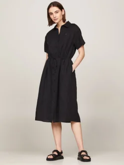 Tommy Hilfiger Naisten Mekko, LINEN SS MIDI SHIRT DRESS Musta
