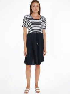 Tommy Hilfiger Naisten Mekko RIB CNK PLEATED KNEE DRESS Raidallinen Sininen