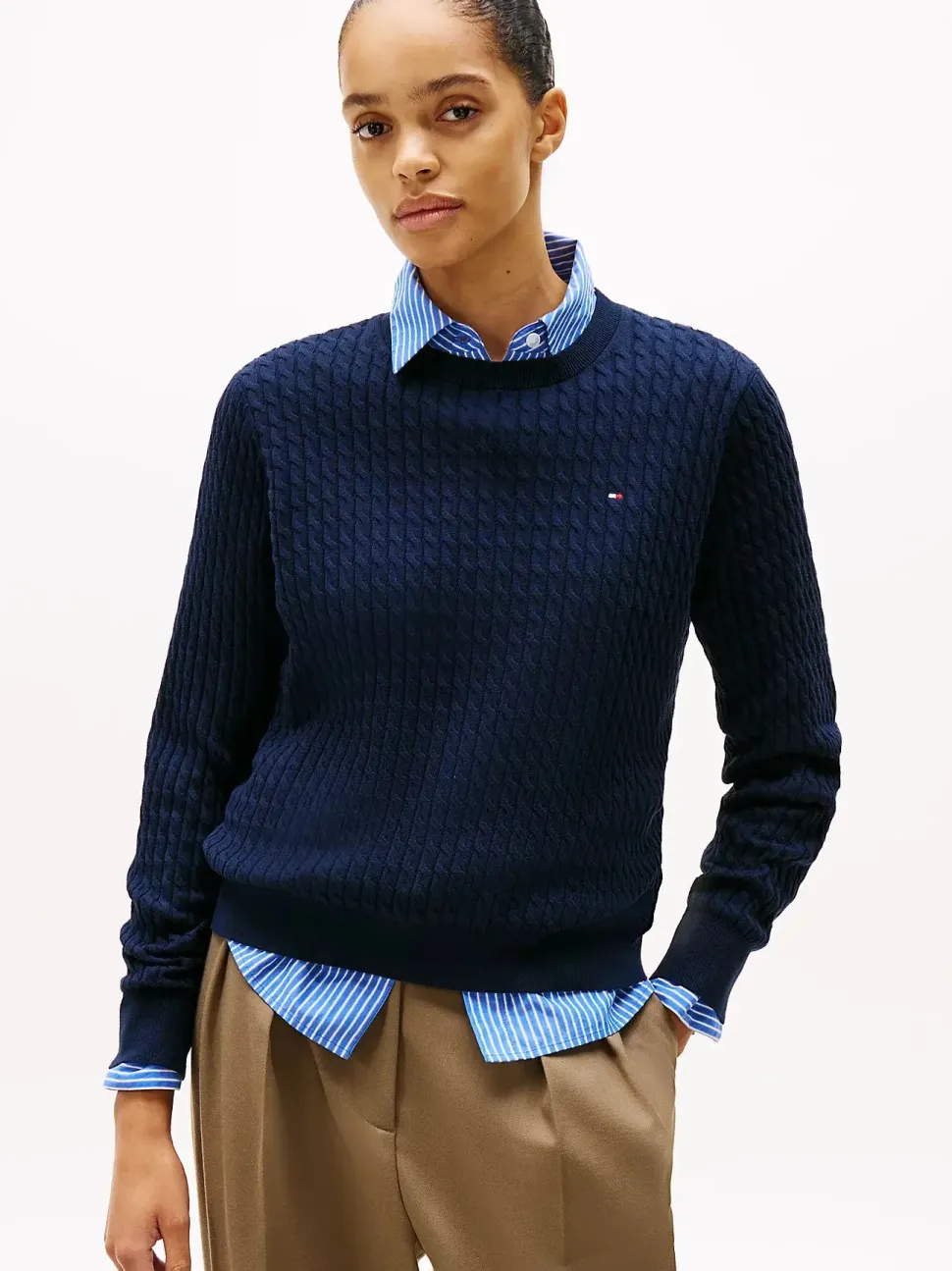 Tommy Hilfiger naisten neulepusero, CO CABLE C-NK LS SWEATER Tummansininen