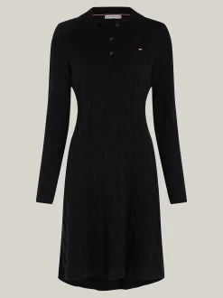 Tommy Hilfiger Naisten Neulemekko, SOFT WOOL CABLE POLO DRESS Musta