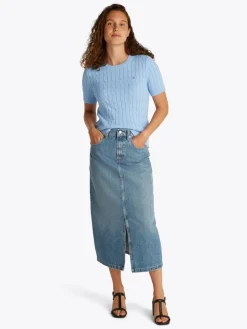 Tommy Hilfiger naisten neule, CO CABLE MID GG SS C-NK SWEAT Vaaleansininen