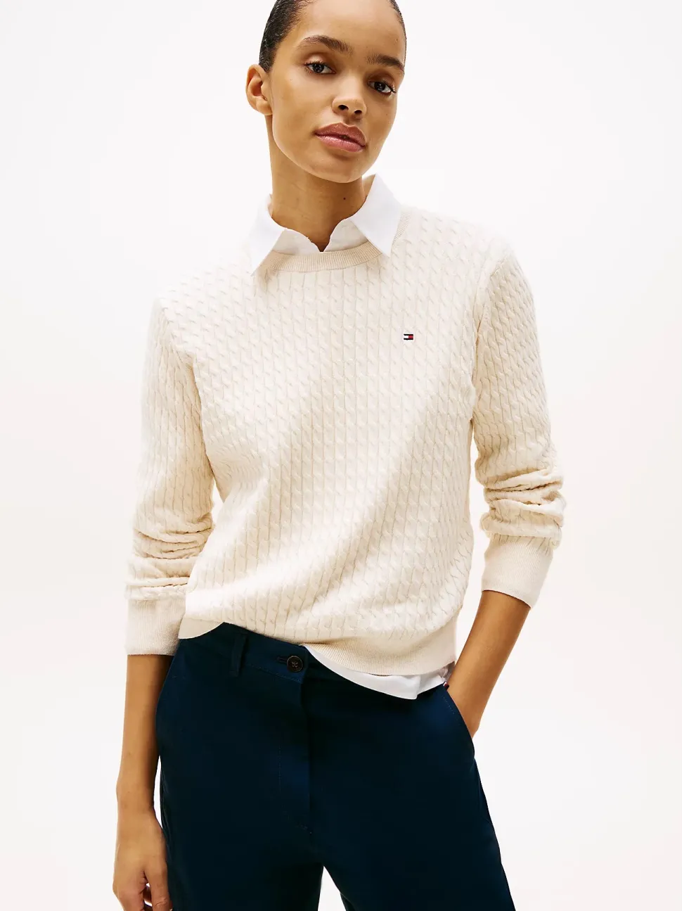 Tommy Hilfiger naisten neulepusero CO Cable C-NK LS Sweater, luonnonvalkoinen