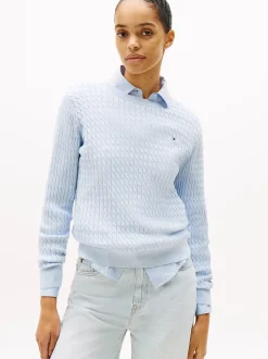 Tommy Hilfiger naisten neulepusero, CO CABLE C-NK LS SWEATER Vaaleansininen