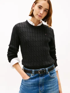 Tommy Hilfiger naisten neulepusero CO CABLE MID GG C-NK LS SWT, musta