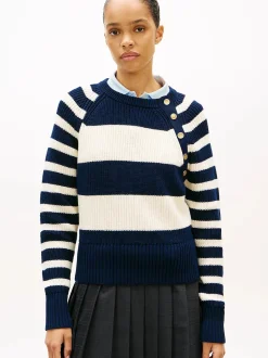 Tommy Hilfiger naisten neulepusero Gold Btn Utility LS C-NK SWT, raidallinen sininen