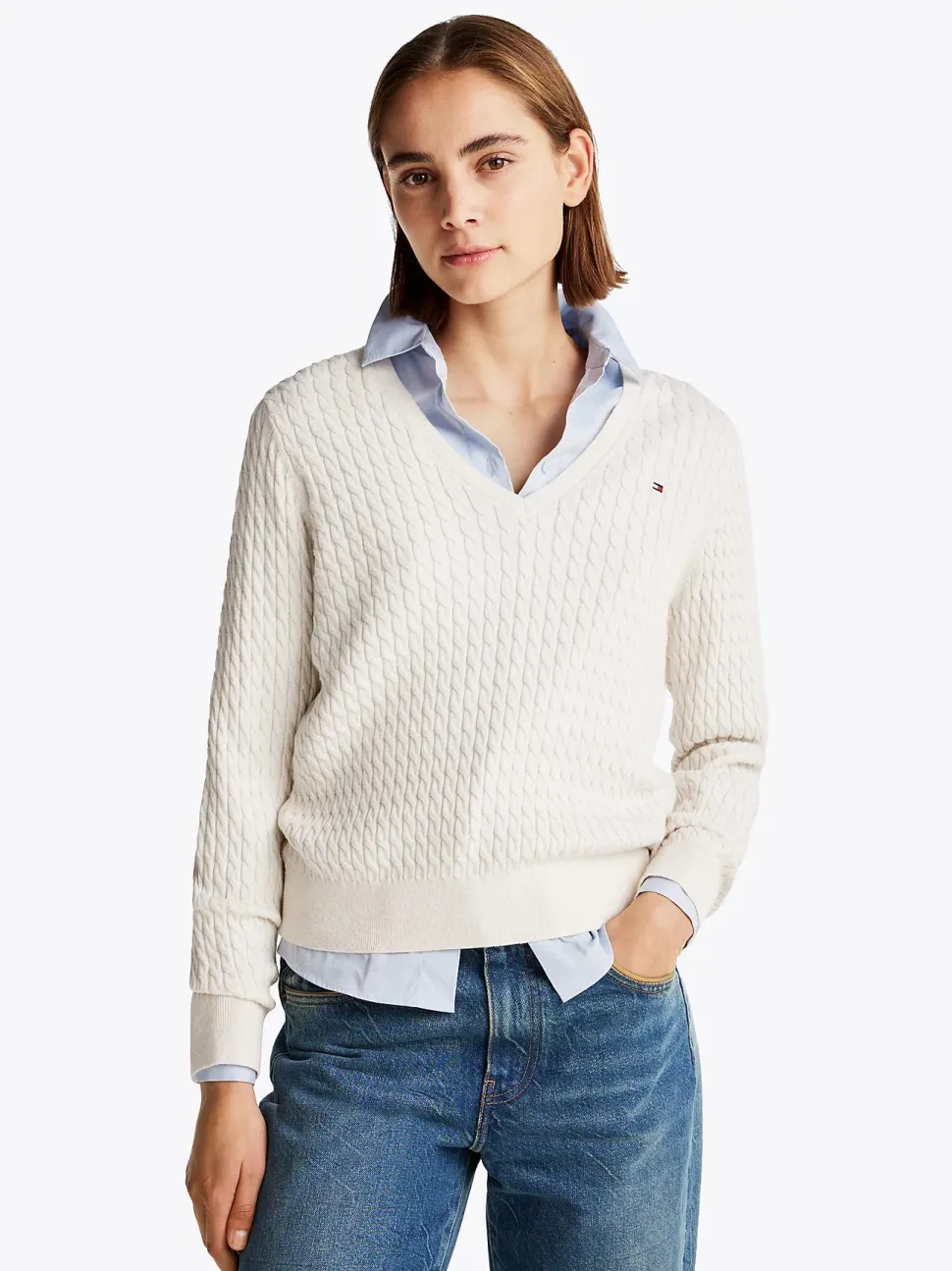 Tommy Hilfiger Naisten Neule, CO CABLE FINE GG V-NK LS SWEAT Luonnonvalkoinen