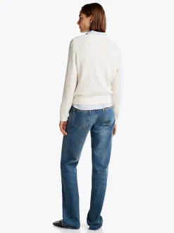 Tommy Hilfiger Naisten Neule, CO CABLE FINE GG V-NK LS SWEAT Luonnonvalkoinen