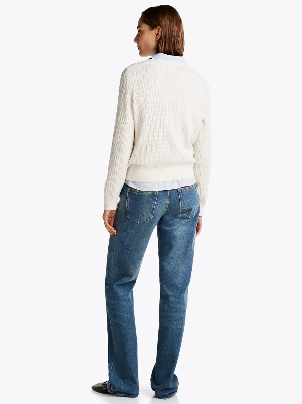 Tommy Hilfiger Naisten Neule, CO CABLE FINE GG V-NK LS SWEAT Luonnonvalkoinen