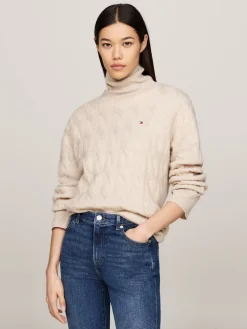 Tommy Hilfiger Naisten Neule, SOFT WOOL CABLE ROLL-NK SWEATER Luonnonvalkoinen