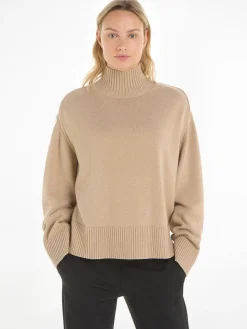 Tommy Hilfiger Naisten Neule, WOOL BLEND MOCK-NK SWEATER Vaalea Beige