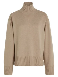 Tommy Hilfiger Naisten Neule, WOOL BLEND MOCK-NK SWEATER Vaalea Beige