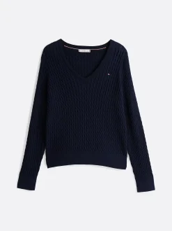 Tommy Hilfiger Naisten Neule, CO CABLE FINE GG V-NK LS SWEAT Tummansininen