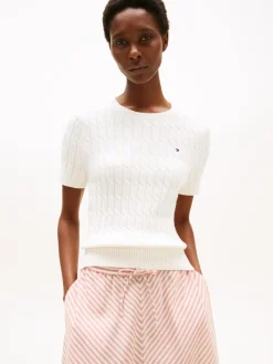 Tommy Hilfiger naisten neule, CO CABLE MID SS SWEATER Luonnonvalkoinen