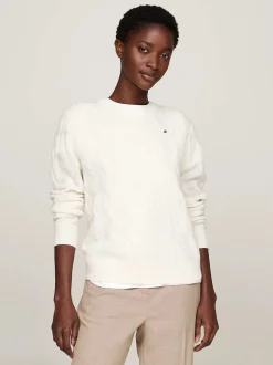 Tommy Hilfiger Naisten Neule, K-SOFT WOOL CABLE C-NK Luonnonvalkoinen