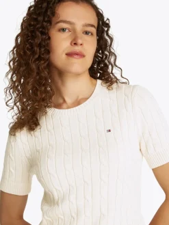 Tommy Hilfiger naisten neule, CO CABLE MID GG SS C-NK SWEAT Luonnonvalkoinen