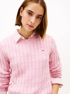 Tommy Hilfiger naisten neulepusero CO CABLE MID GG C-NK LS SWT, vaaleanpunainen