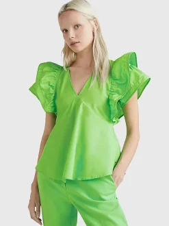 Tommy Hilfiger, Naisten Paita, CO SATEEN FRILL BLOUSE Vihreä