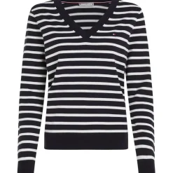 Tommy Hilfiger Naisten Paita, CO JERSEY STITCH V-NK SWEATER Raidallinen Sininen