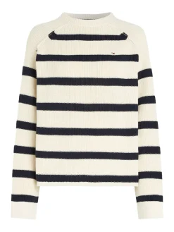 Tommy Hilfiger Naisten Raidallinen Neulepaita, CO CARDI STITCH C-NK SWT Raidallinen Valkoinen