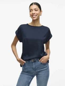 Vila lyhythihainen toppi, VIELLETTE S/S SATIN TOP Navy Blazer