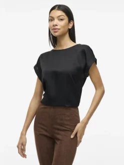 Vila lyhythihainen toppi, VIELLETTE S/S SATIN TOP Black