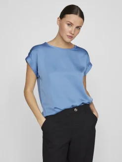 Vila lyhythihainen toppi, VIELLETTE S/S SATIN TOP Blissful Blue