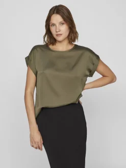 Vila naisten lyhythihainen toppi K-Viellette S/S Satin Top - NOOS, Dusty Olive