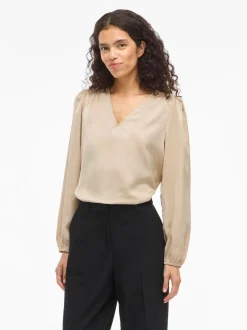 Vila naisten pusero Vielette L/S Smock Satin Top, Cement