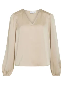 Vila naisten pusero Vielette L/S Smock Satin Top, Cement