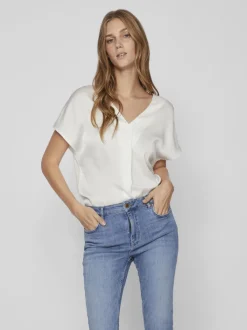 Vila naisten satiinitoppi, VIELLETTE V-NECK S/S SATIN TOP Valkoinen