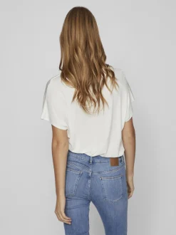 Vila naisten satiinitoppi, VIELLETTE V-NECK S/S SATIN TOP Valkoinen