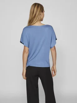 Vila naisten satiinitoppi, VIELLETTE V-NECK S/S SATIN TOP Sininen