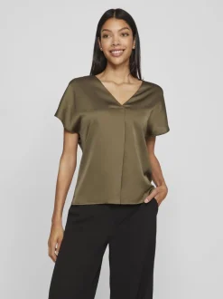 Vila naisten satiinitoppi, VIELLETTE V-NECK S/S SATIN TOP Khaki
