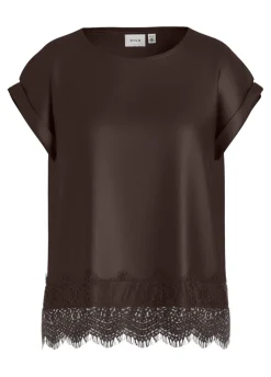 Vila naisten toppi, VIELLETTE S/S FULL SATIN LACE TOP NOOS Coffee Bean